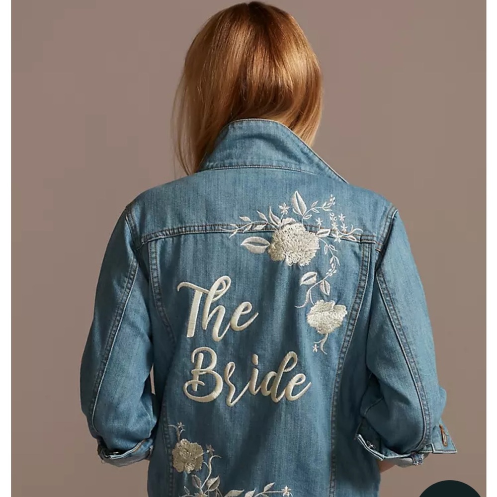 David's Bridal Blue Denim Jacket with Floral Embroidery